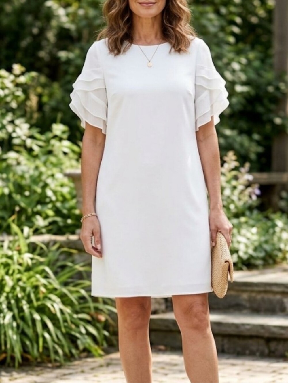 DKNY Ivory Shift Dress, Chiffon Ruffle Sleeve Size 10
